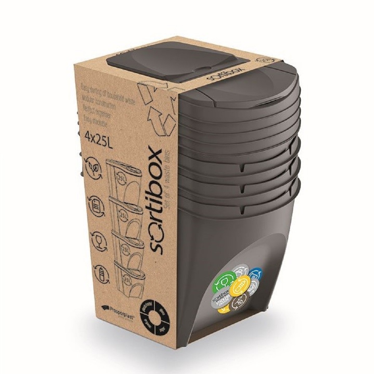 Sada odpadkových košů SORTIBOX, 4x25l 4Kg GIGA Sklad 5 PPIKWB25S4-405U