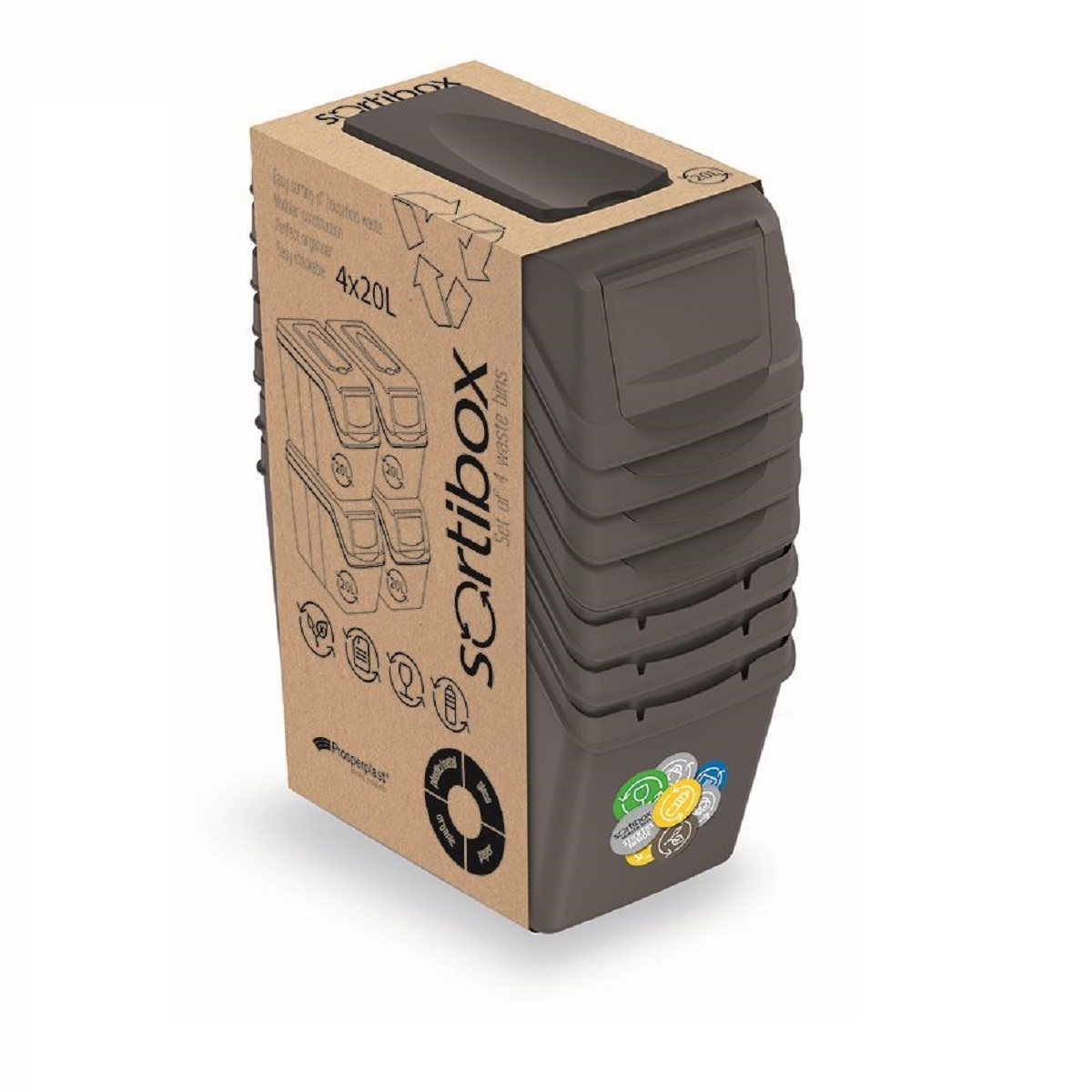 Sada odpadkových košů SORTIBOX, 4x20l 3,01Kg GIGA Sklad 5 PPISWB20S4-405U