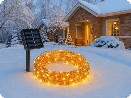 Solar-LED-Kupferkette 20m+2m, 200xLED, 600mAh, 8 Funktionen, IP44, warmweiß [RTV100387]