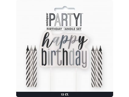 Svíčky dortové - Happy birthday! černo-stříbrné 13 ks