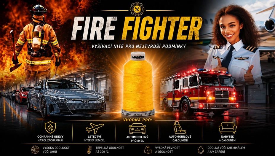 Průmyslové nitě na šití pro automobilky, nitě pro hasiče na uniformy