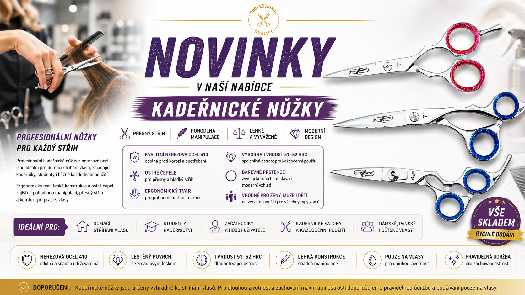 Kadeřnické nůžky nejvyšší kvality pro profesionály, vše skladem ihned k odběru.