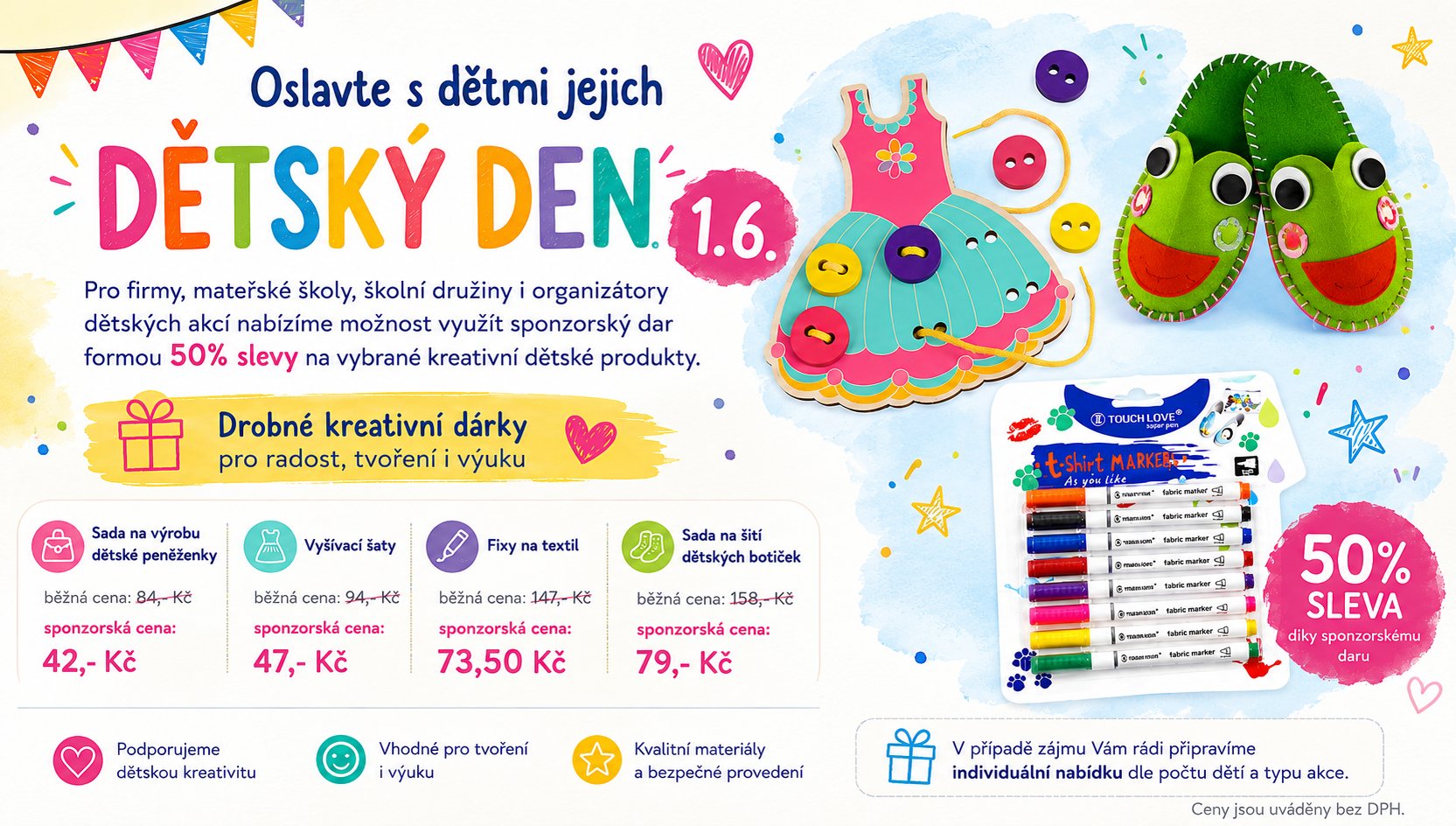 Sleva na dětský sortiment 50% nitě. nůžky galanterie tvořte s dětmi