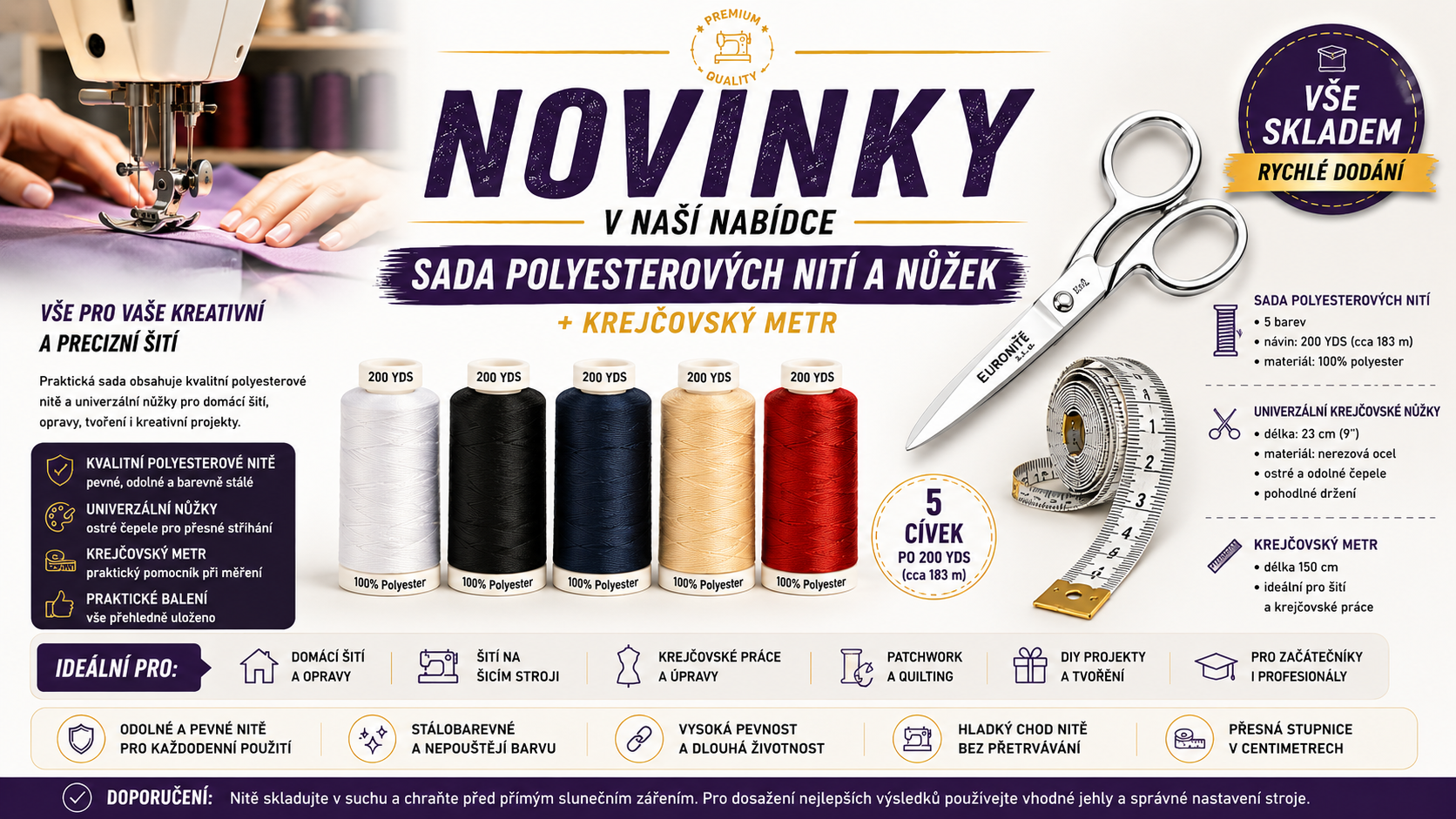 Sada nití do šicího stroje 200 YDS + nůžky | Euronitě