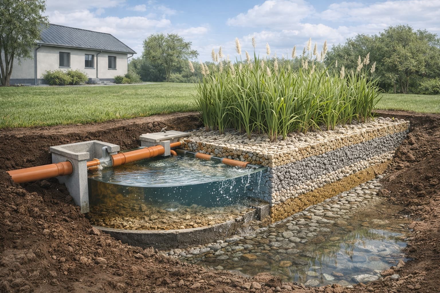 Kořenová čistírna vyžaduje výrazně větší plochu než biologická čistírna. Pro rodinný dům pro 4–5 osob je potřeba cca 20–30 m² plochy pro horizontální systém