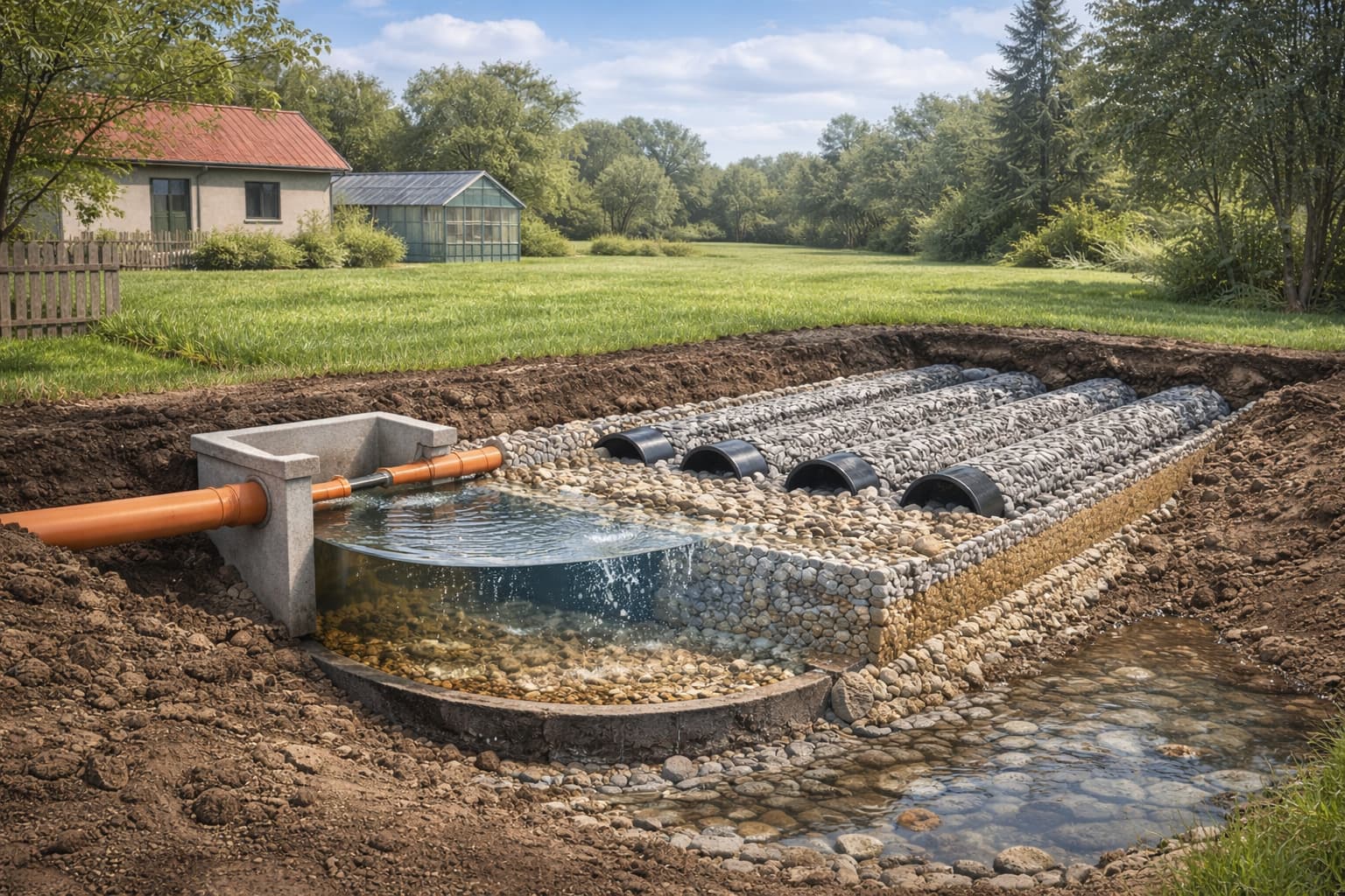 Zemní filtr představuje systém podpovrchového vsakování předčištěné odpadní vody. Voda je rozvedena perforovaným potrubím do štěrkového lože, odkud vsakuje do půdy. 