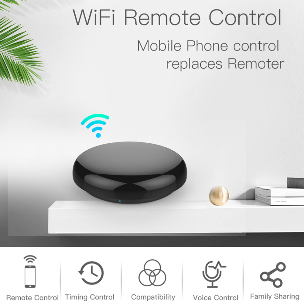 MOES UFO-R6 Wi-Fi IR ovládač pre Tuya na poličke v obývačke
