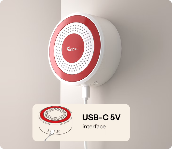 Siréna Sonoff SNZB-09P s napájaním cez USB-C 5 V / 1 A
