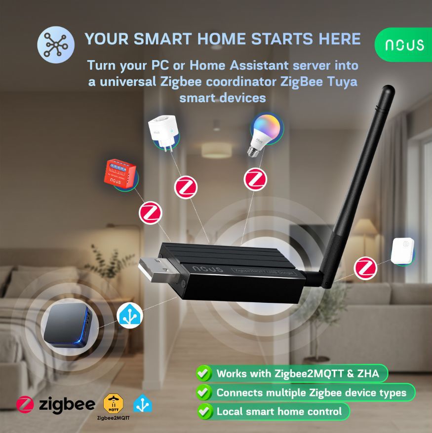 NOUS E16 Zigbee2MQTT USB dongle ako Zigbee koordinátor pre Home Assistant