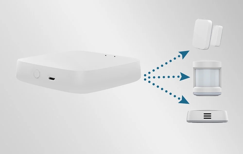 Zigbee brána MOES ZHUB-W prepojená s dverovým senzorom, senzorom pohybu a detektorom
