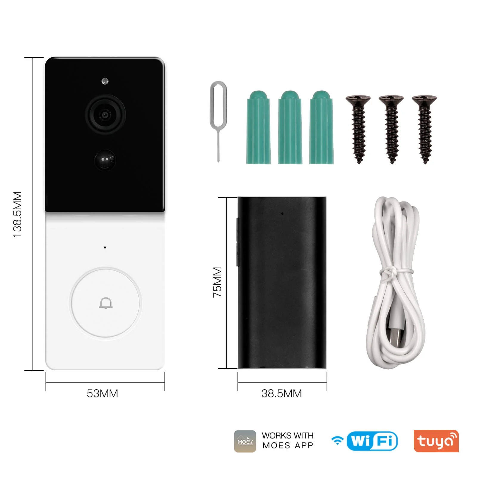 Obsah balenia videozvončeka MOES WDB-TY-B20 s rozmermi: zvonček, vnútorný zvonček, skrutky, hmoždinky a USB kábel