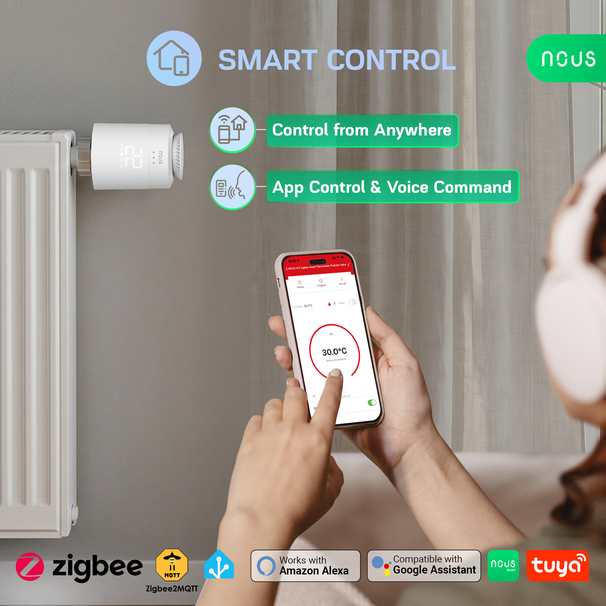 Smart termostatická hlavica NOUS H1Z ovládaná z mobilnej aplikácie