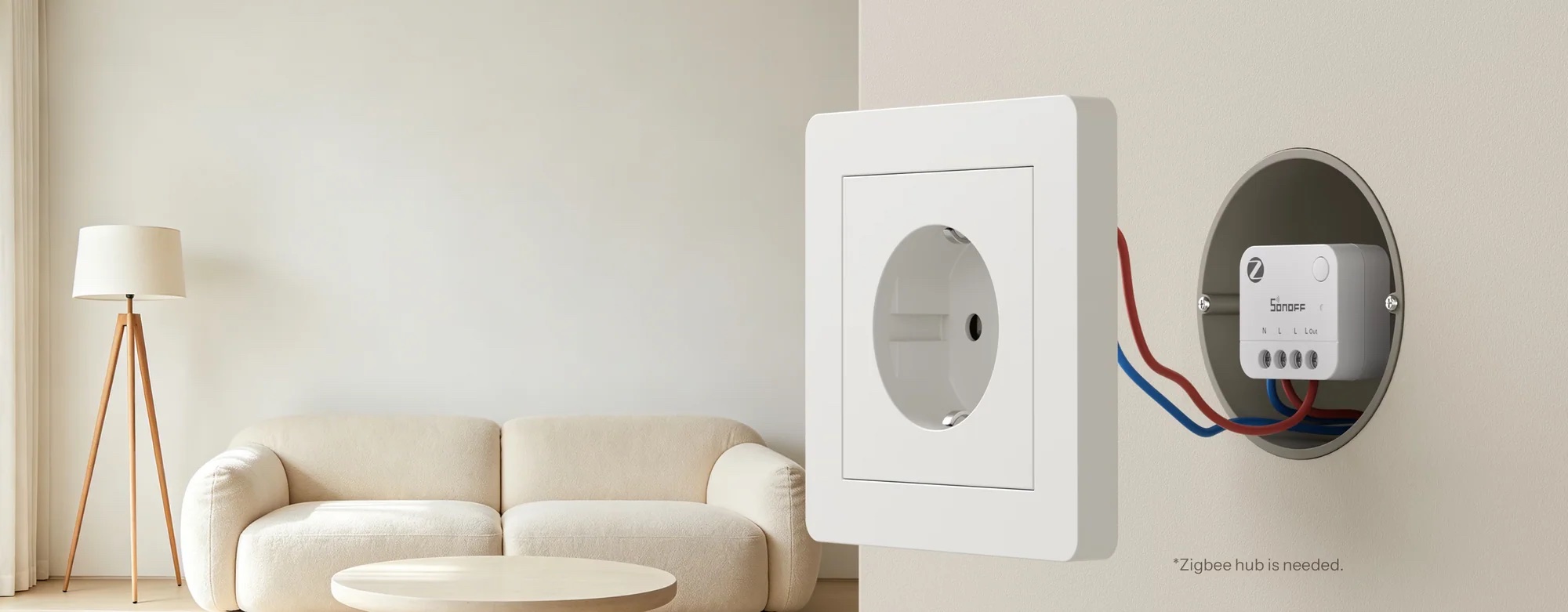 Zigbee merač spotreby Sonoff MINI PM-ZB1GP zapojený v inštalačnej krabici za zásuvkou v obývačke