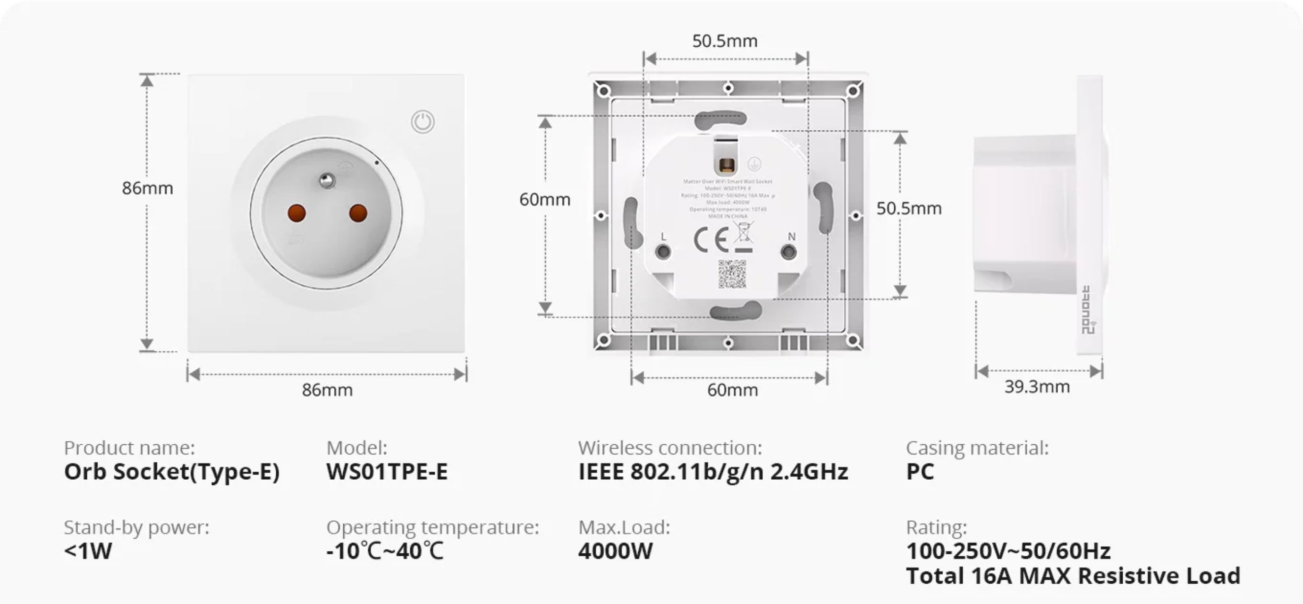 Rozmery smart zásuvky do steny Sonoff WS01TPE-E typ E: 86 × 86 × 39,3 mm