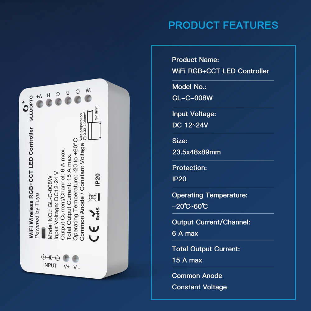 WiFi bezdrôtový ovládač Gledopto pre RGB a CCT LED pásiky (powered by Tuya - GL-C-008W)