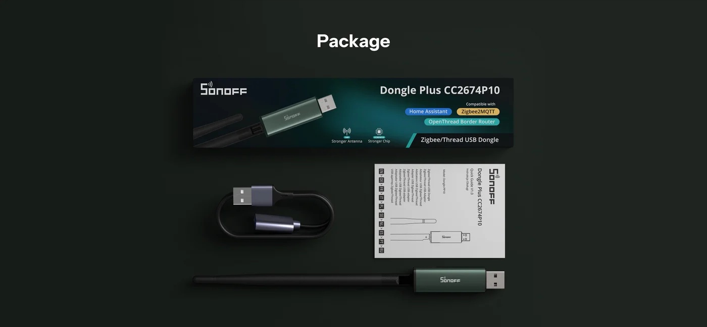 Obsah balenia Sonoff Dongle Plus CC2674P10: adaptér, predlžovací kábel a návod