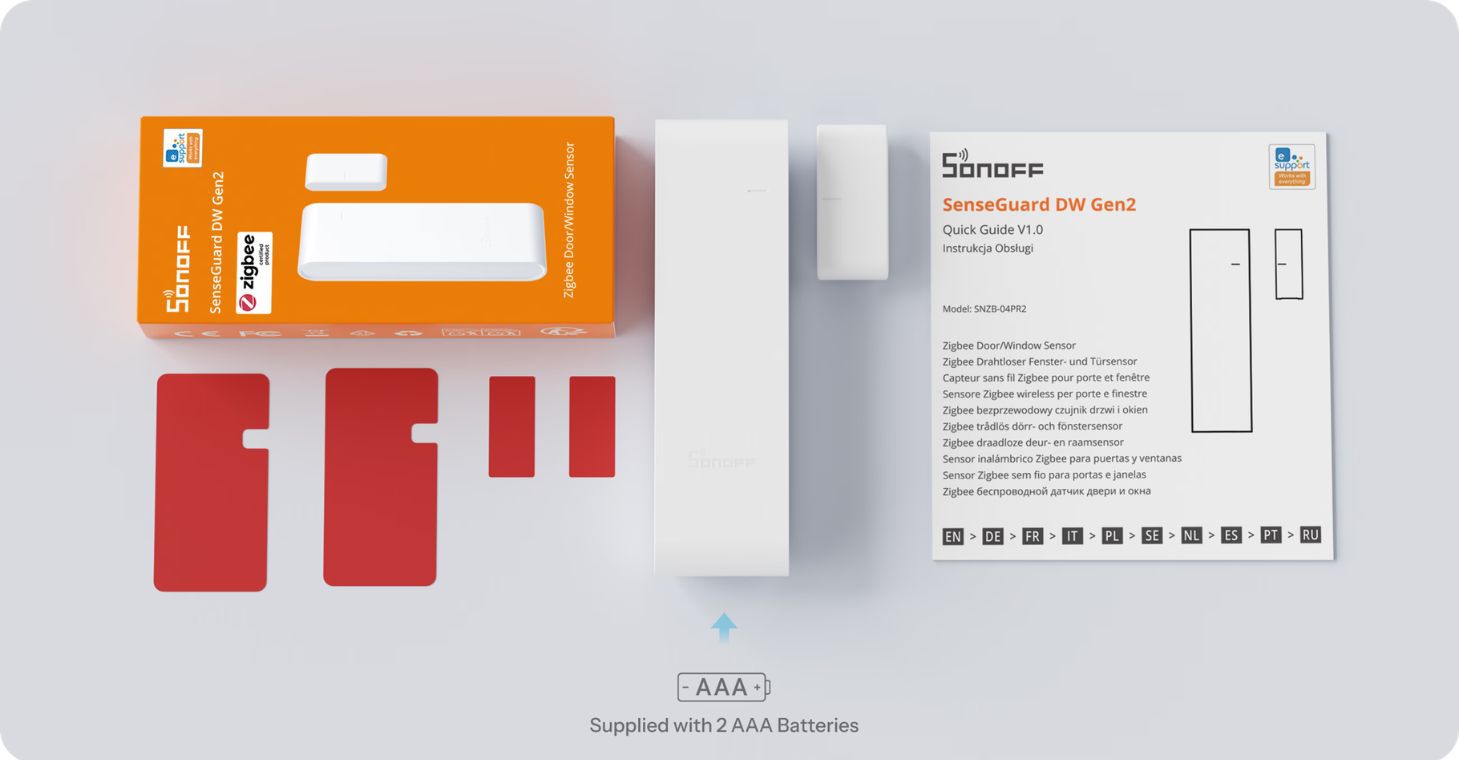 Package contents of Sonoff SenseGuard DW Gen2 SNZB-04PR2 – sensor, magnet, tapes, manual, and AAA batteries