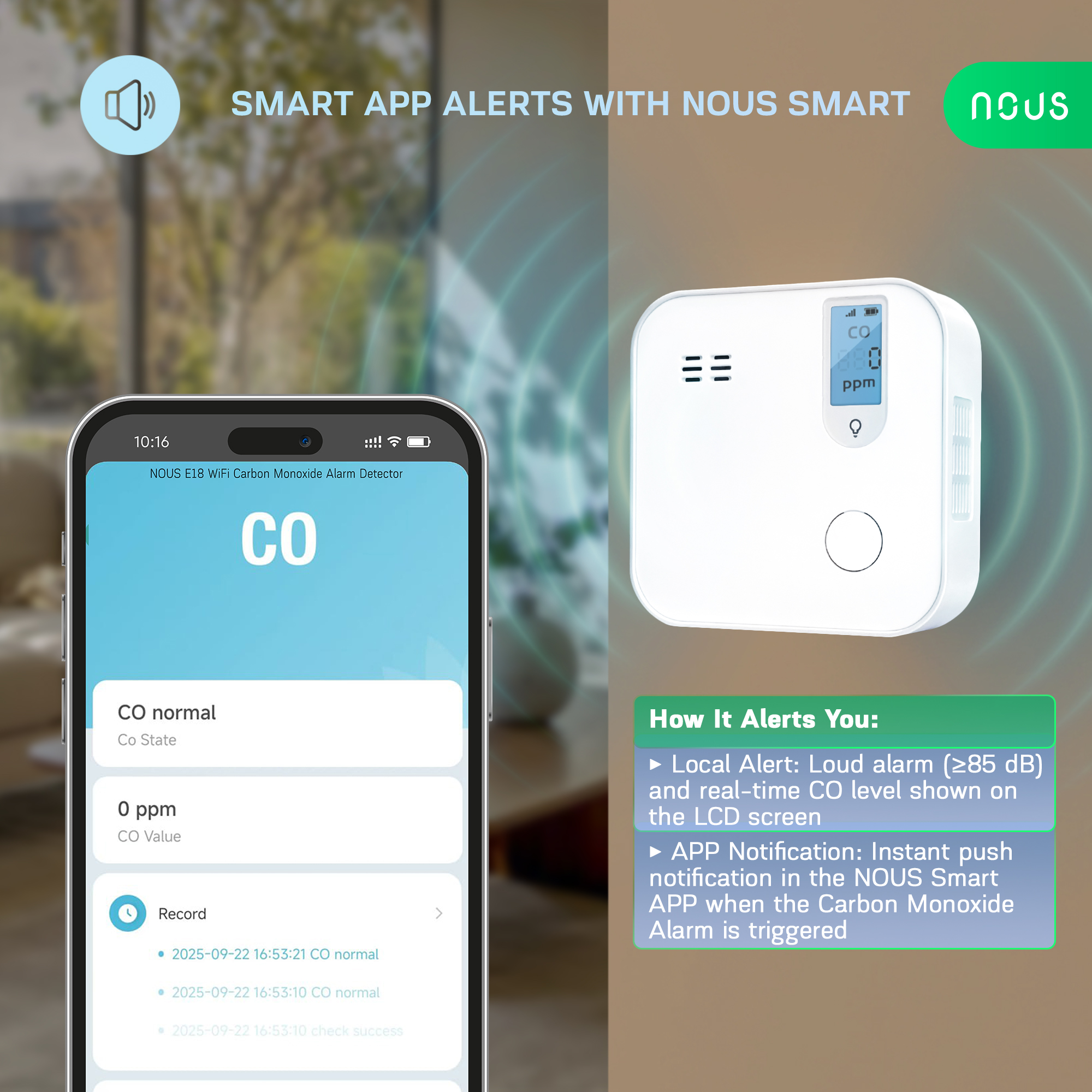 Upozornenie na oxid uhoľnatý v aplikácii Nous Smart z WiFi detektora Nous E18