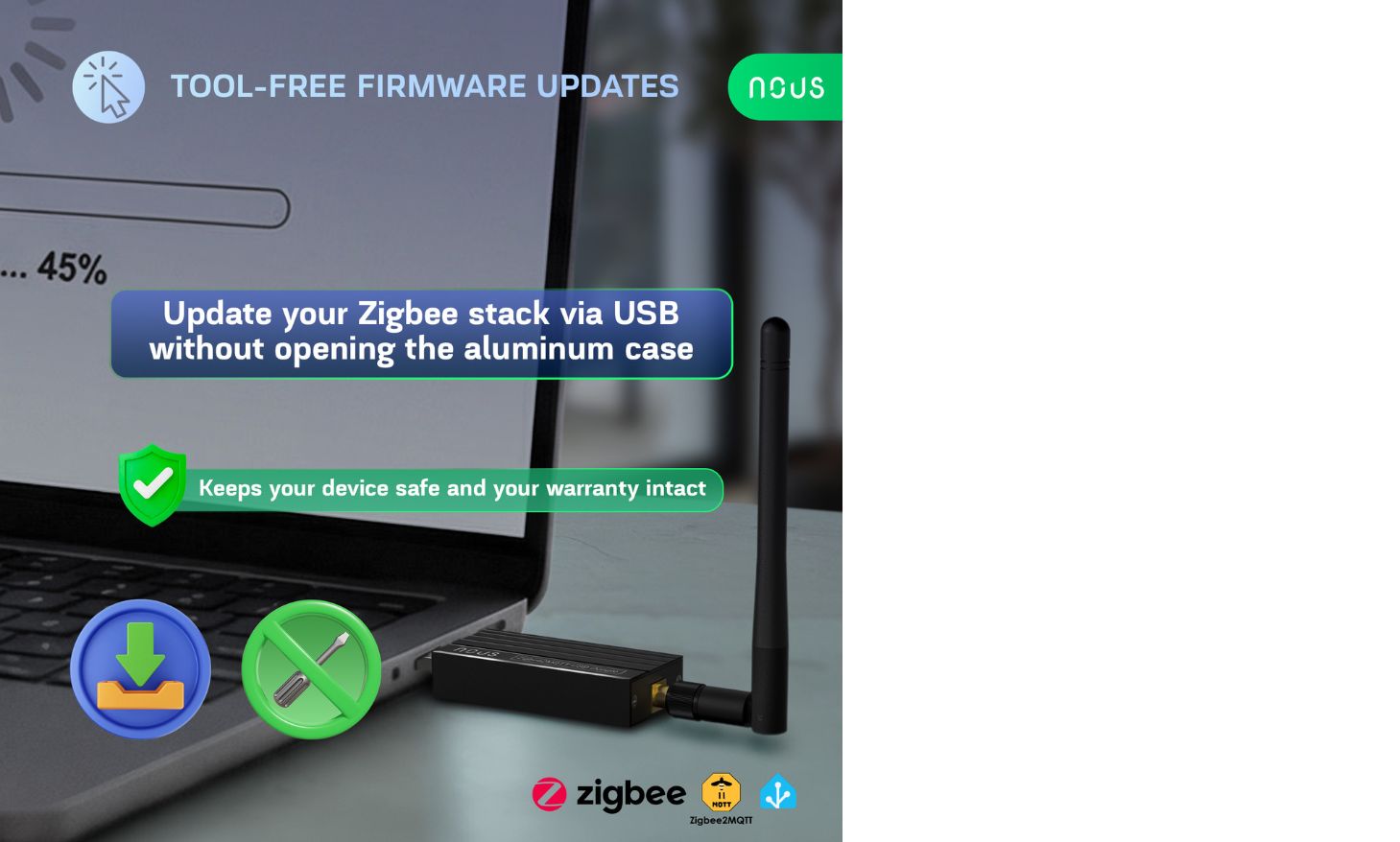 Aktualizácia firmvéru Zigbee dongla NOUS E16 cez USB bez otvárania krytu