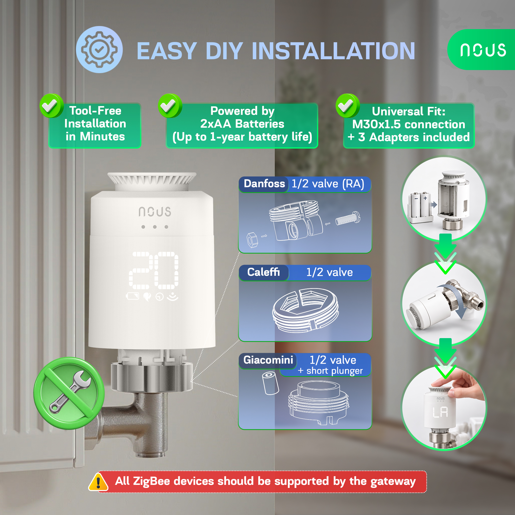 Montáž termostatickej hlavice NOUS H1Z na ventil s adaptérmi Danfoss, Caleffi a Giacomini