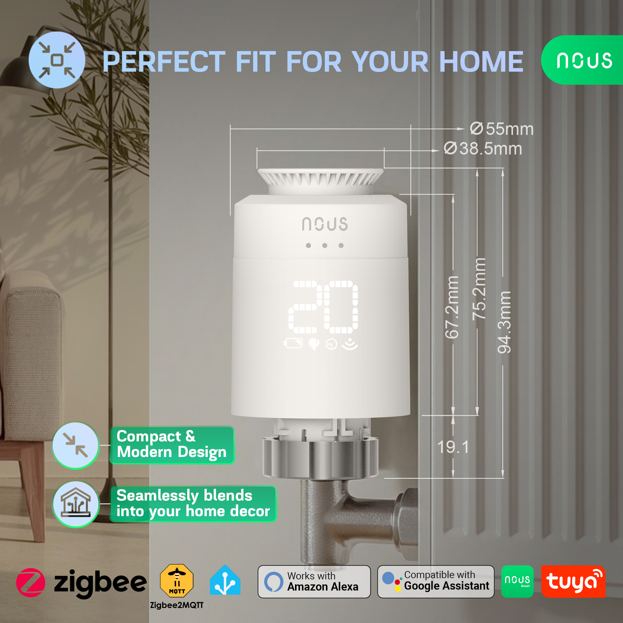 Rozmery smart termostatickej hlavice NOUS H1Z