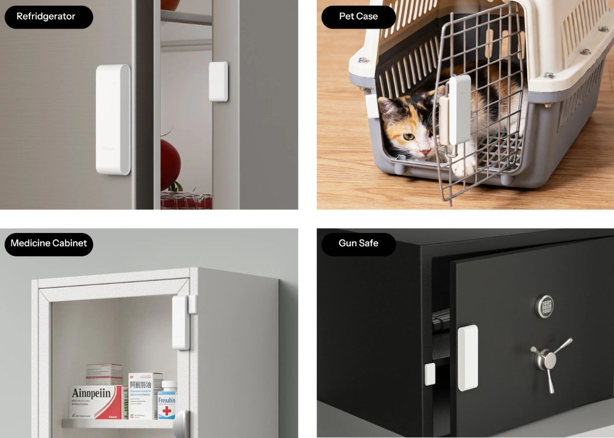 SNZB-04PR2 Zigbee contact sensor used on fridge, pet crate, medicine cabinet, and safe