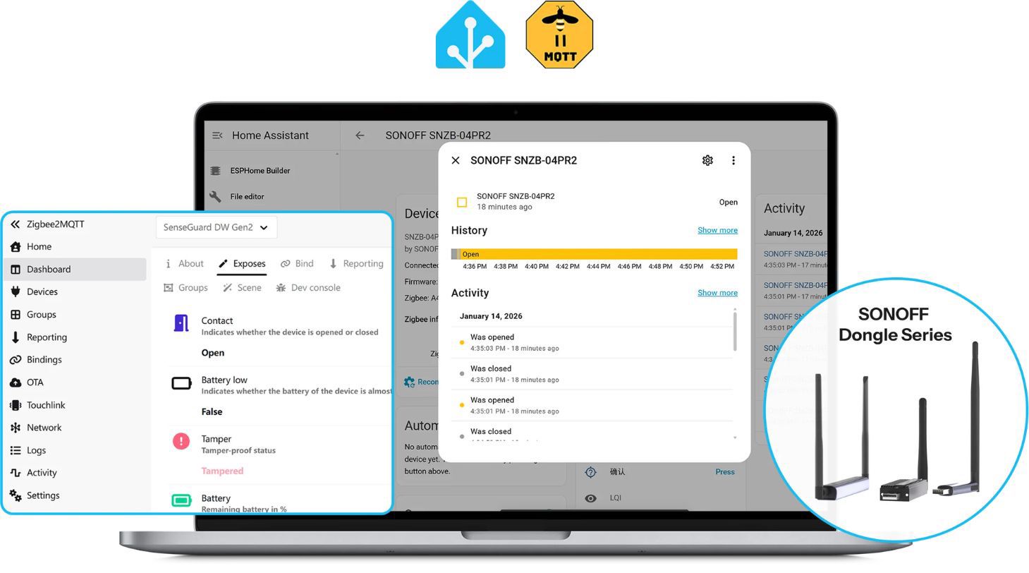 Sonoff SNZB-04PR2 in Home Assistant and Zigbee2MQTT showing tamper and battery entities