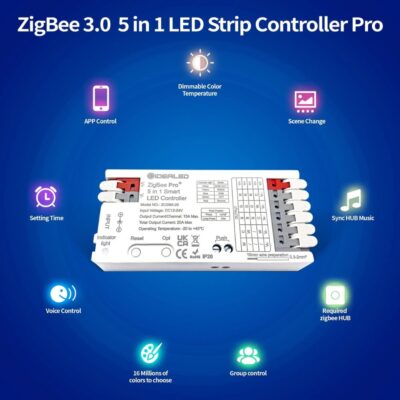 Zigbee ovládač 5v1 pre LED pásy so vstupom na tlačitko