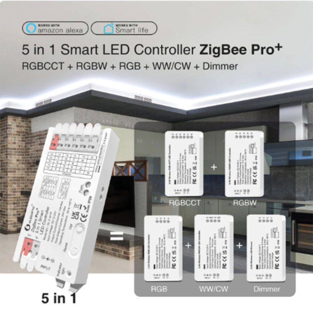 Zigbee ovládač 5v1 pre LED pásy so vstupom na tlačitko