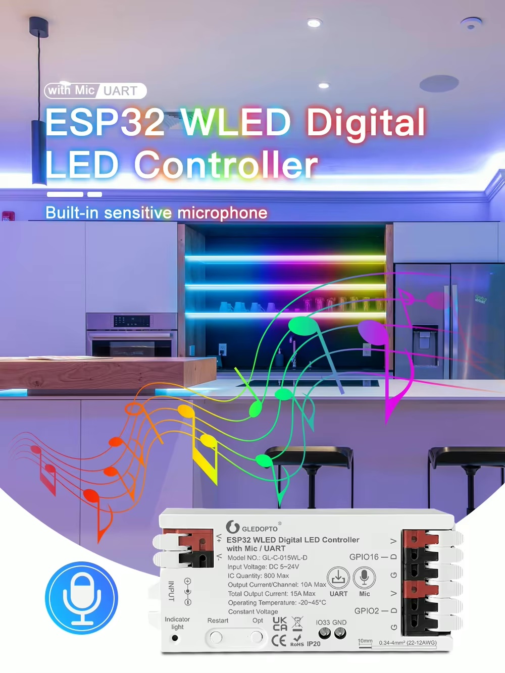 WLED kontrolér pre LED pásy s mikrofonom