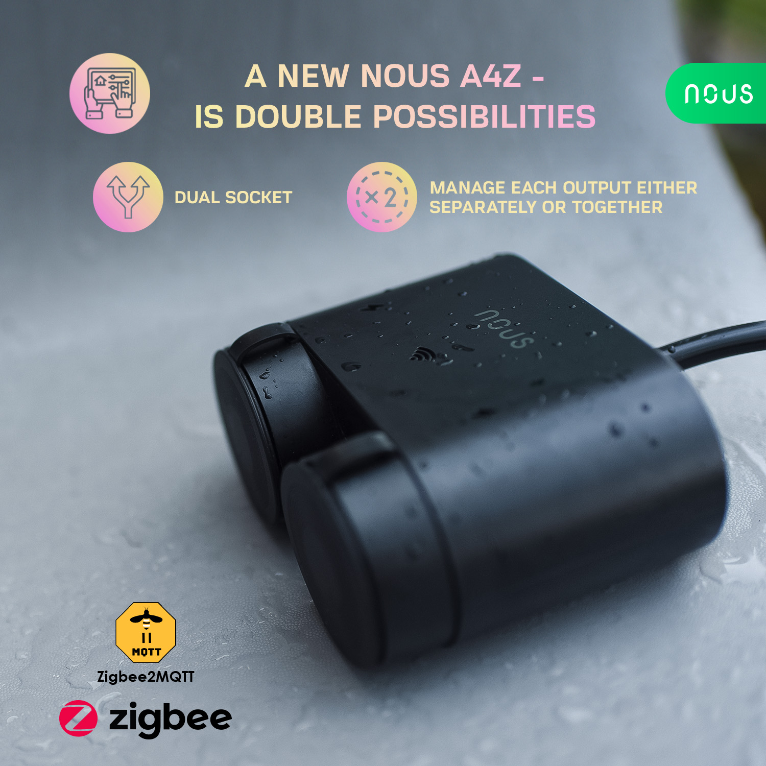 Nous A4Z dvojitá extériérová Zigbee zásuvka 16A