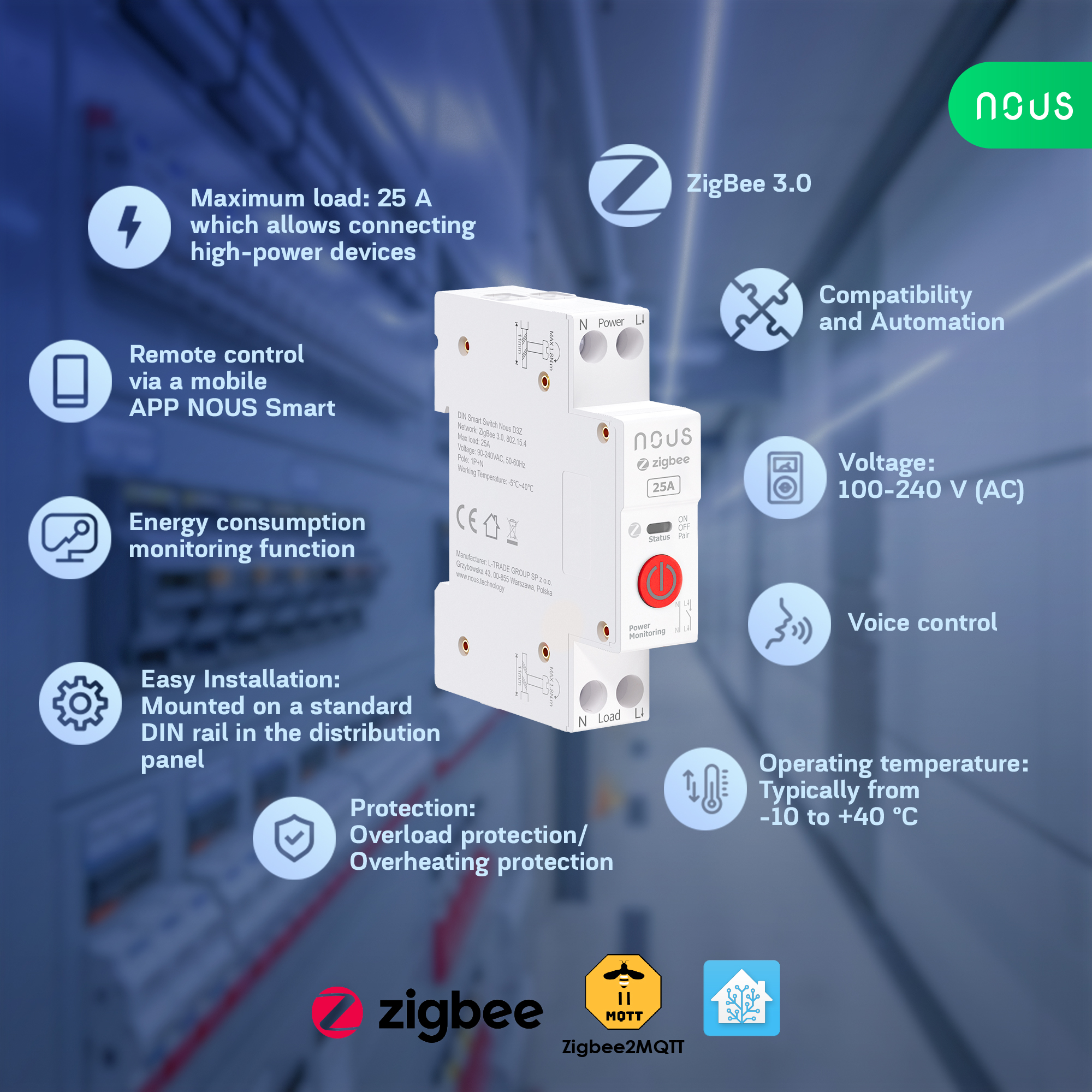 Nous D3Z Smart Switch 25A na din lištu Zigbee