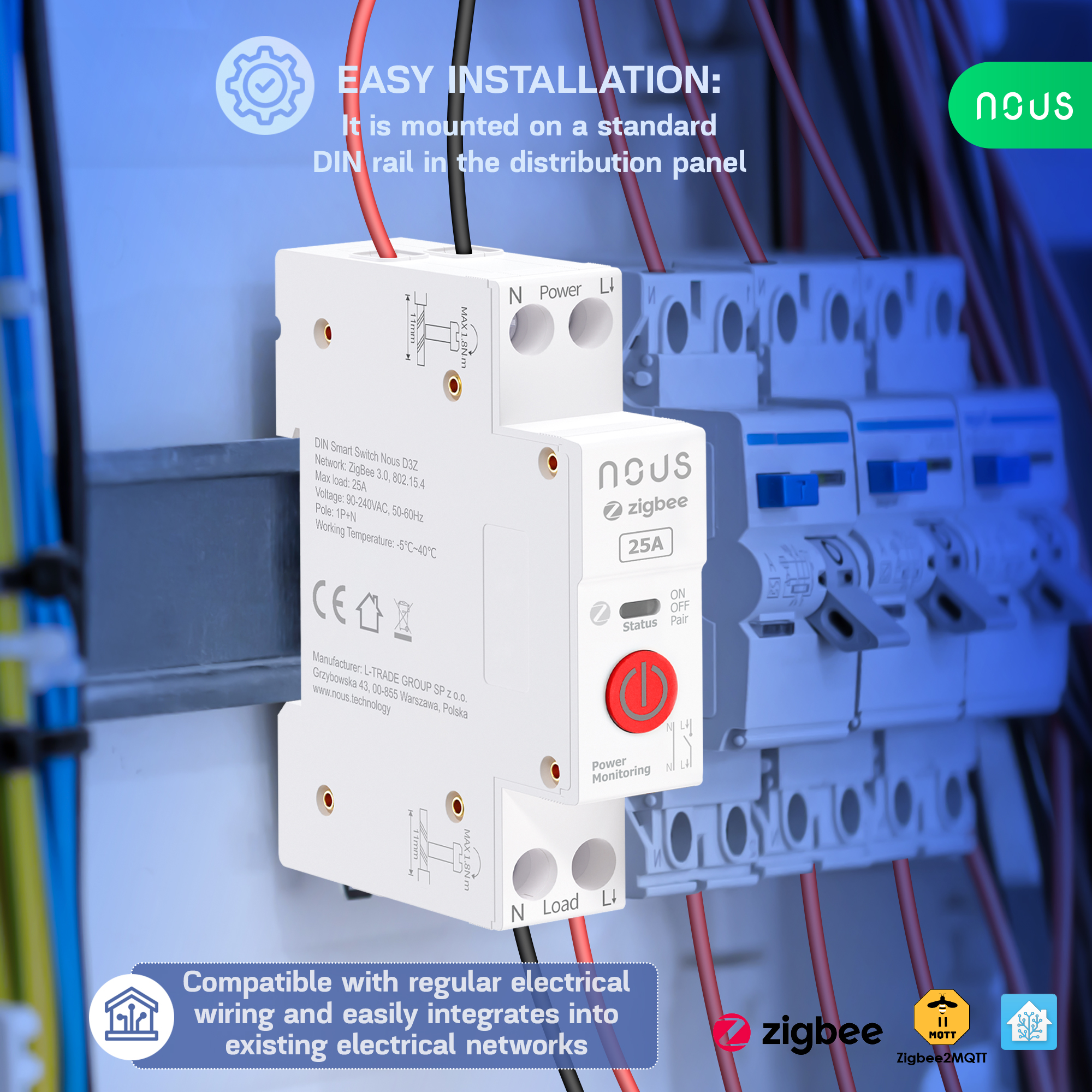 Nous D3Z Smart Switch 25A na din lištu Zigbee