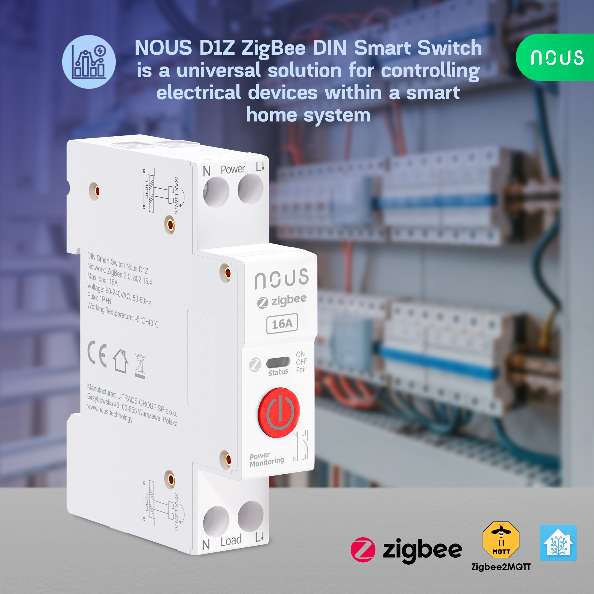 Nous D1Z Smart Switch 16A na din lištu Zigbee