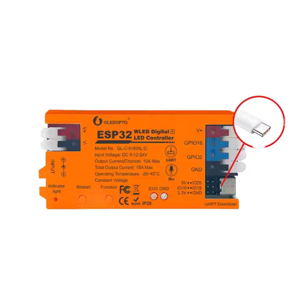 Gledopto WLED kontrolér pre IC LED pásy (S mikrofónom, USB-C)