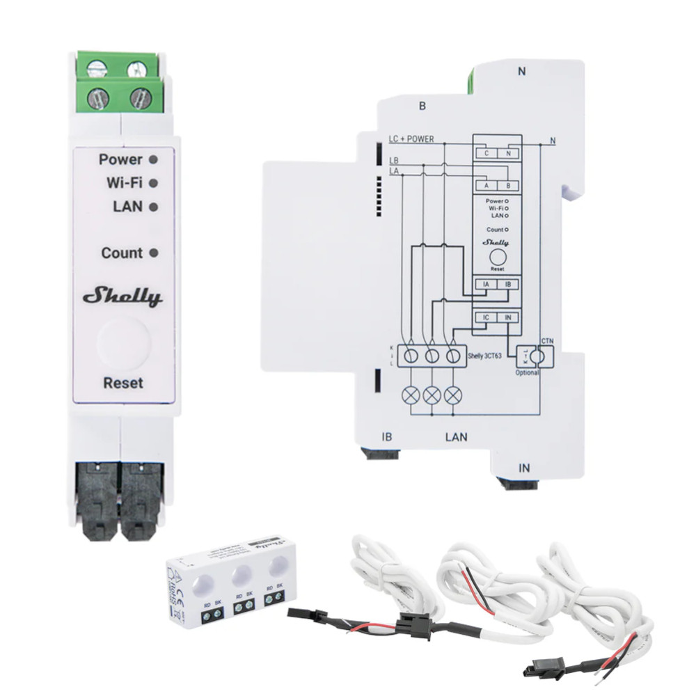 Shelly Pro 3EM-3CT63 – 3-fázový inteligentný merač energie s Wi-Fi a LAN (3 x 63 A)