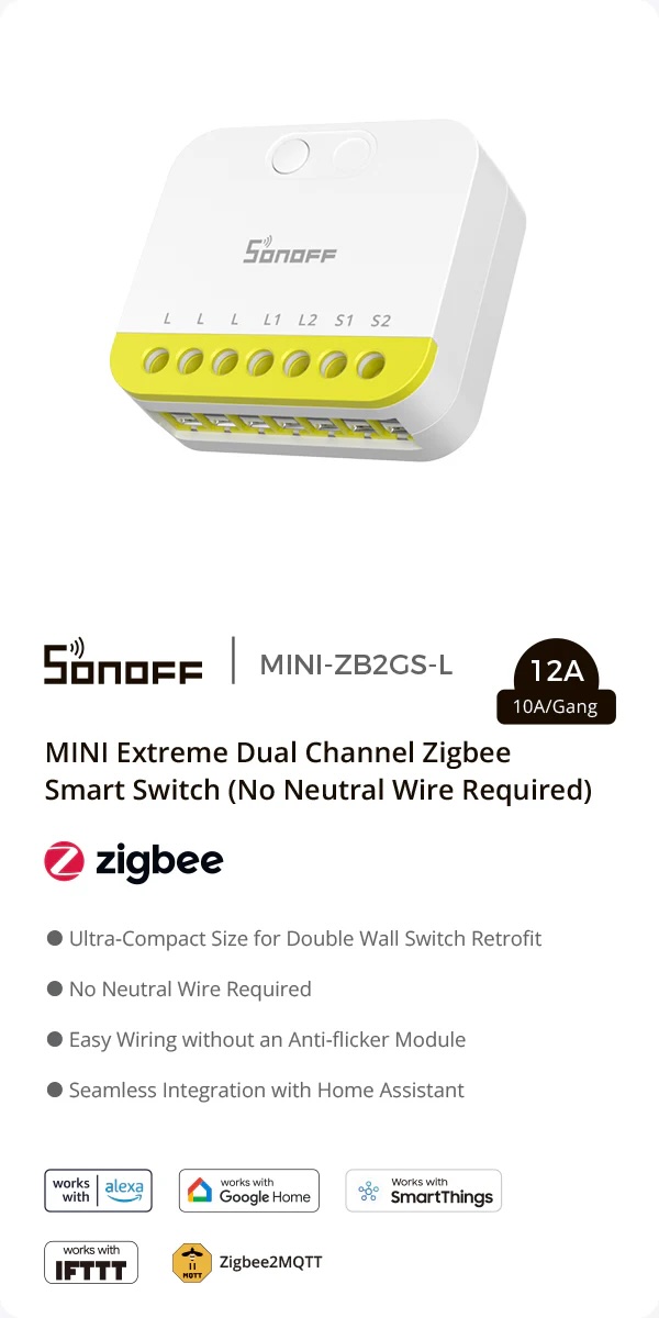 Sonoff ZBMINI EXTREME DUAL Channel (bez potreby nuláku) - Dvojité Zigbee relé