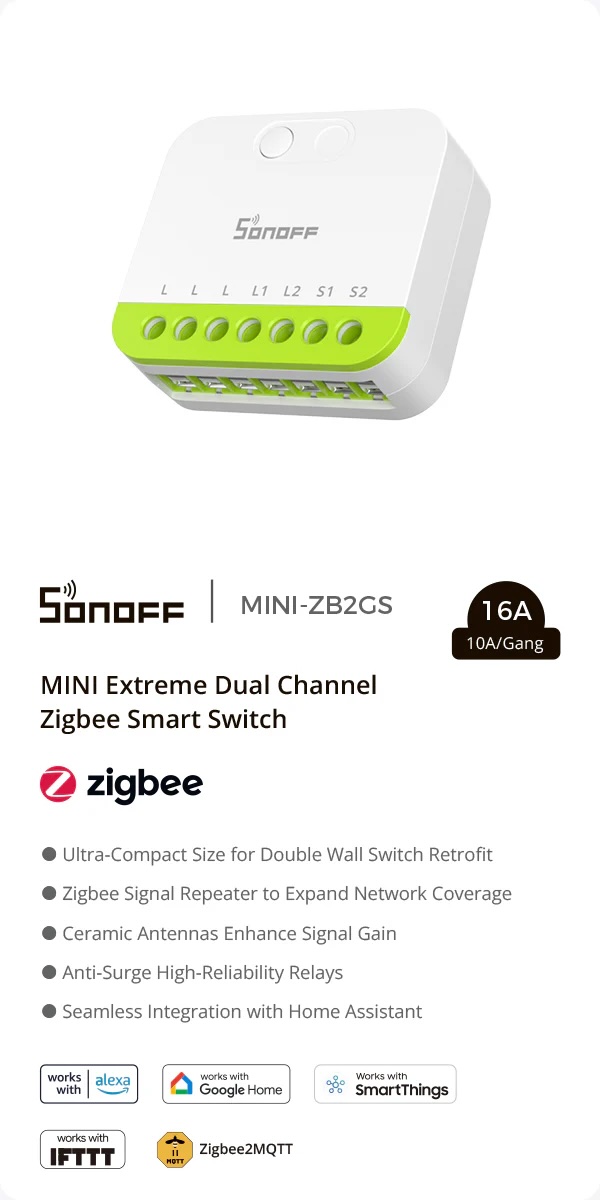 Sonoff ZB2GS Mini EXTREME DUO Channel - dvojité Zigbee relé