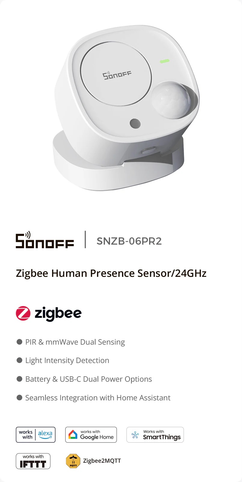 Sonoff zigbee senzor prítomnosti 24GHz (24Ghz detektor prítomnosti SNZB-06PR2)