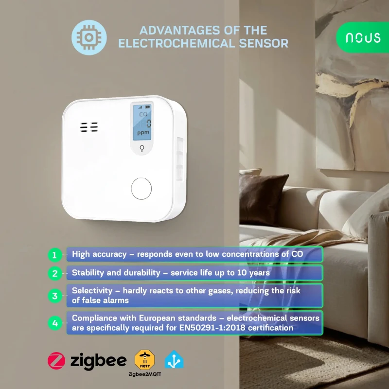 Nous E12 Zigbee detektor oxidu uhoľnatého (CO)