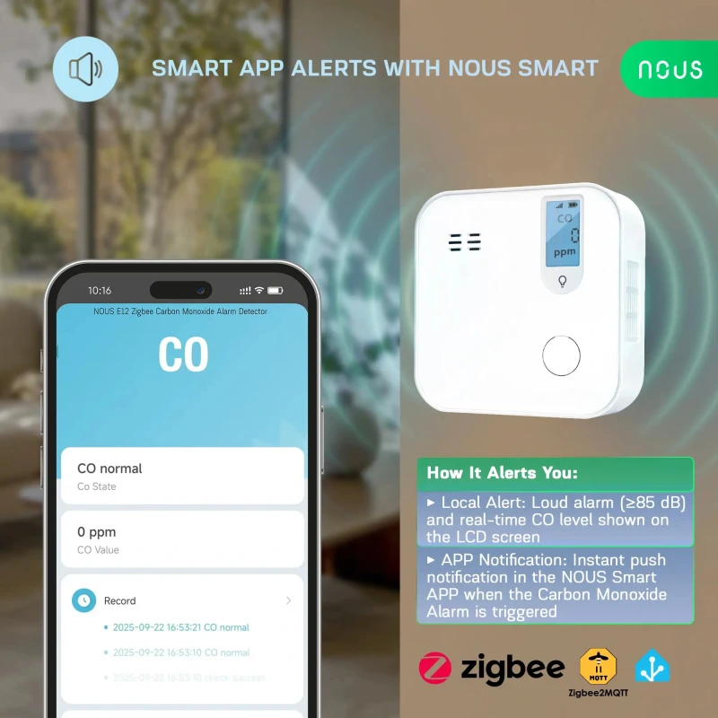 Nous E12 Zigbee detektor oxidu uhoľnatého (CO)