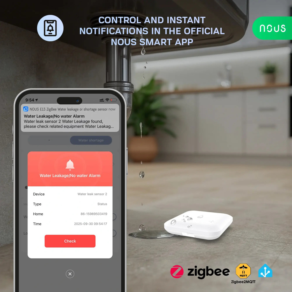 Nous E13 Zigbee senzor úniku alebo nedostatku vody