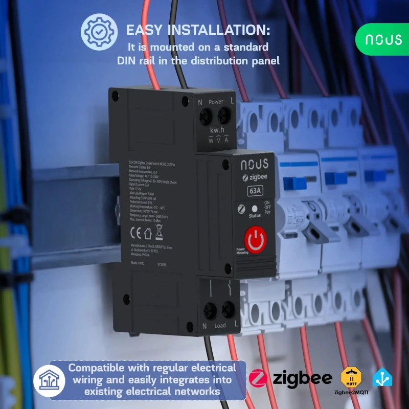 Nous D5Z Pro Zigbee DIN Smart spínací modul 32 A trvalo / 63 A krátkodobo (1 kanál, s meraním spotreby)