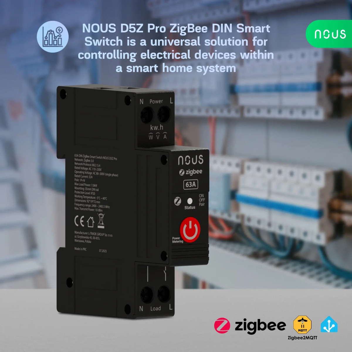 Nous D5Z Pro Zigbee DIN Smart spínací modul 32 A trvalo / 63 A krátkodobo (1 kanál, s meraním spotreby)