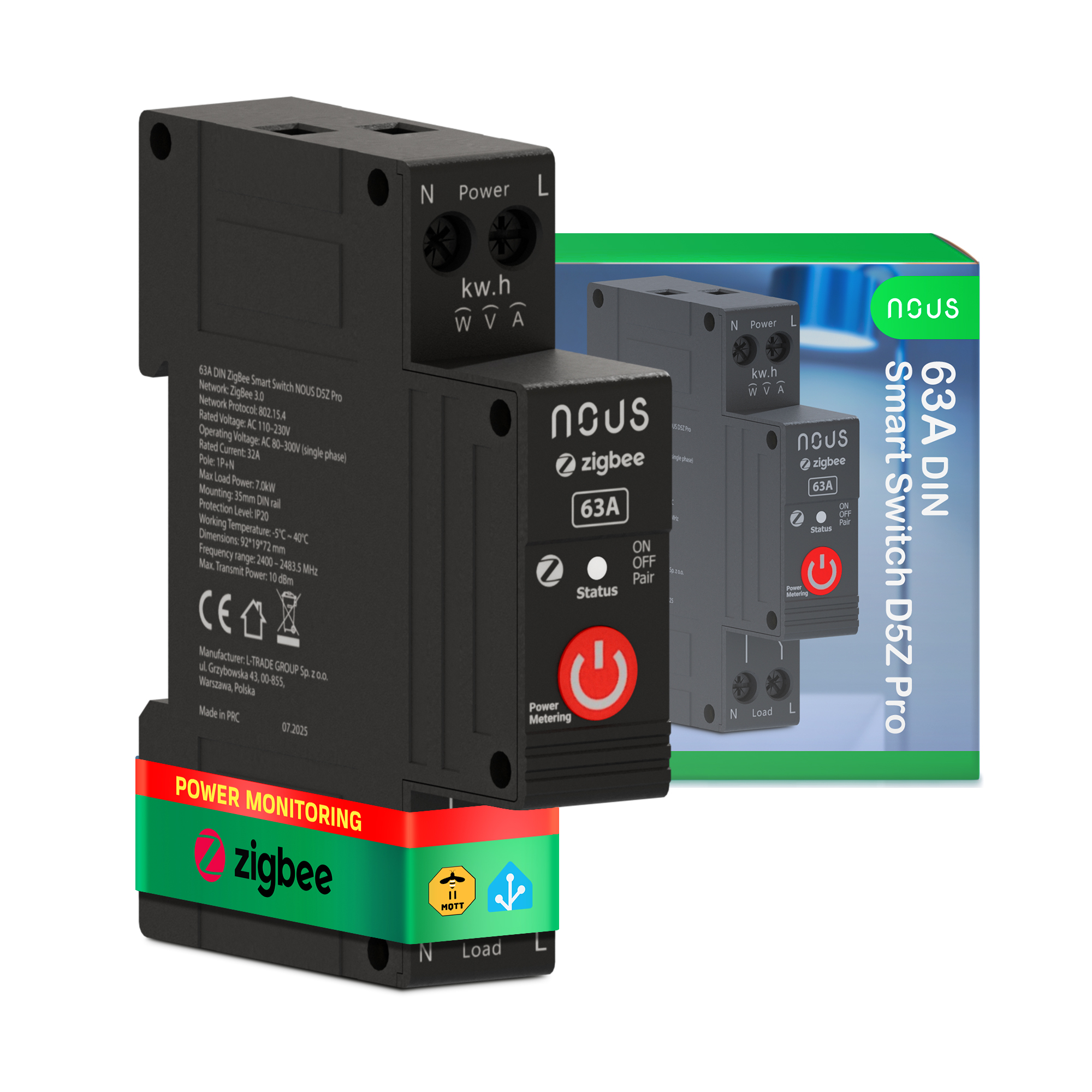 Nous D5Z Pro Zigbee DIN Smart spínací modul 32 A trvalo / 63 A krátkodobo (1 kanál, s meraním spotreby)