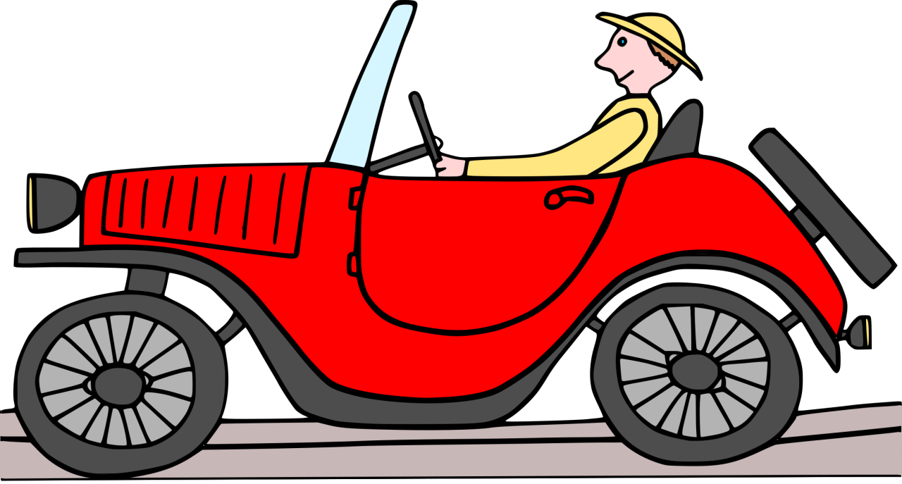 Autorská ilustrace červeného veteránu kabrioletu, který řídí pán v klobouku