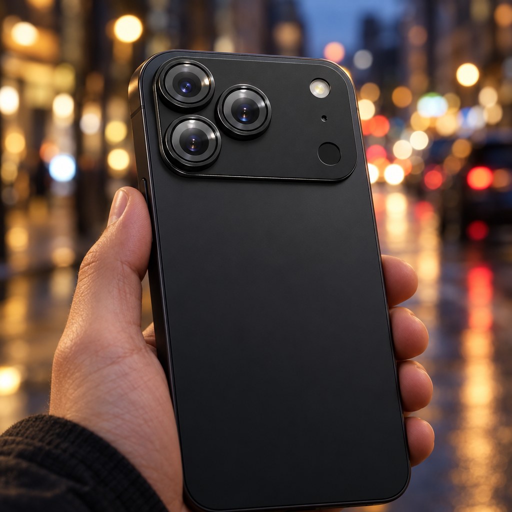 Etteri Hliníková ochranná krytka na fotoaparát so sklom pre iPhone 17 Pro, Čierna na telefóne v ruke
