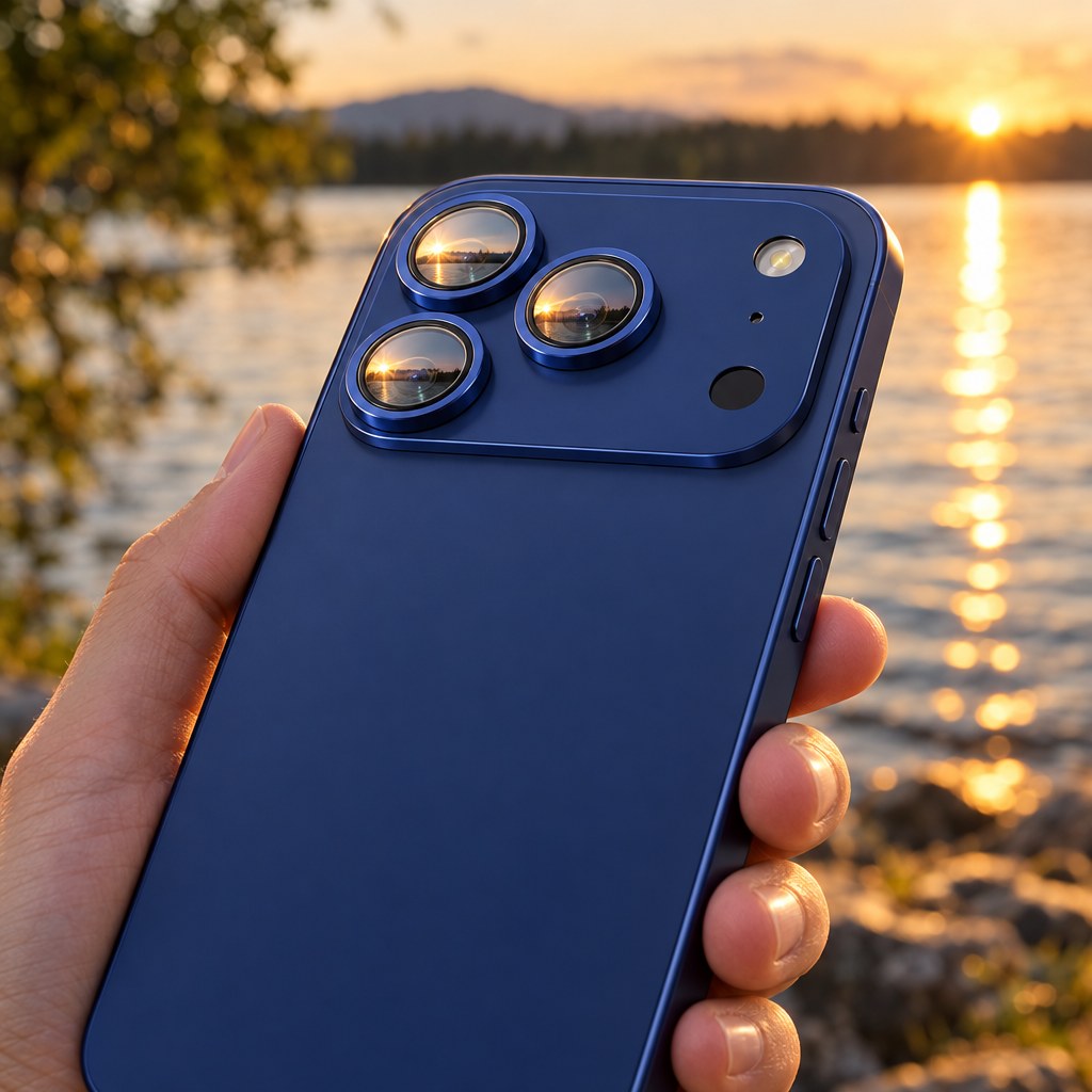 Etteri Hliníková ochranná krytka na fotoaparát so sklom pre iPhone 17 Pro, Modrá na telefóne v ruke