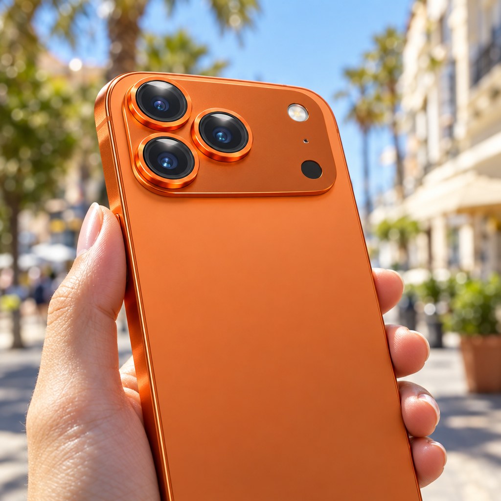 Etteri Hliníková ochranná krytka na fotoaparát so sklom pre iPhone 17 Pro, Oranžová na telefóne v ruke