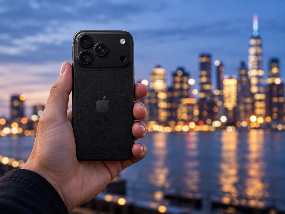 iPhone 18 Pro pri fotení mesta večer